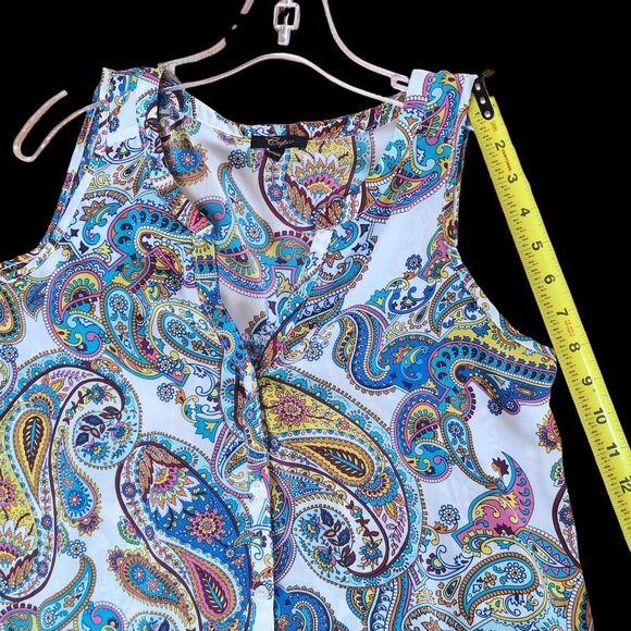 Cupio tunic top button up crepe sleeveless high-low hem colorful paisley print M - Picture 5 of 10